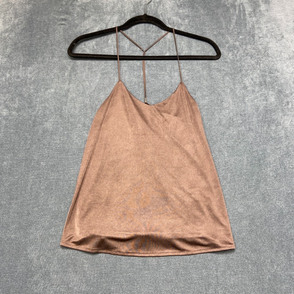 Womens XS Cami Top Brown Satin Spaghetti Strap V Neck Party Crisscross Back